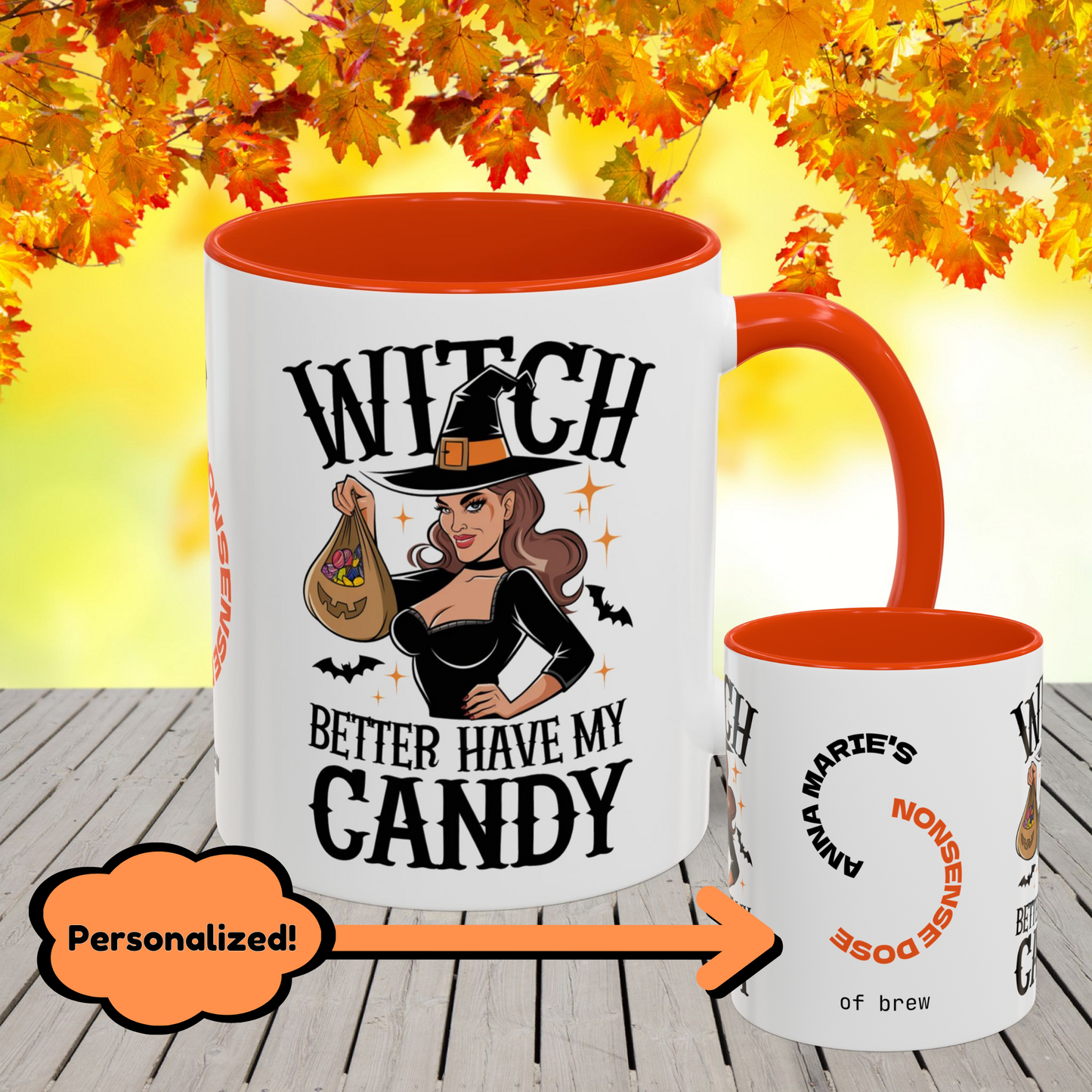 Halloween coffee mug with “Witch Better Have My Candy” saying, blending humor, self-care, and mental health advocacy