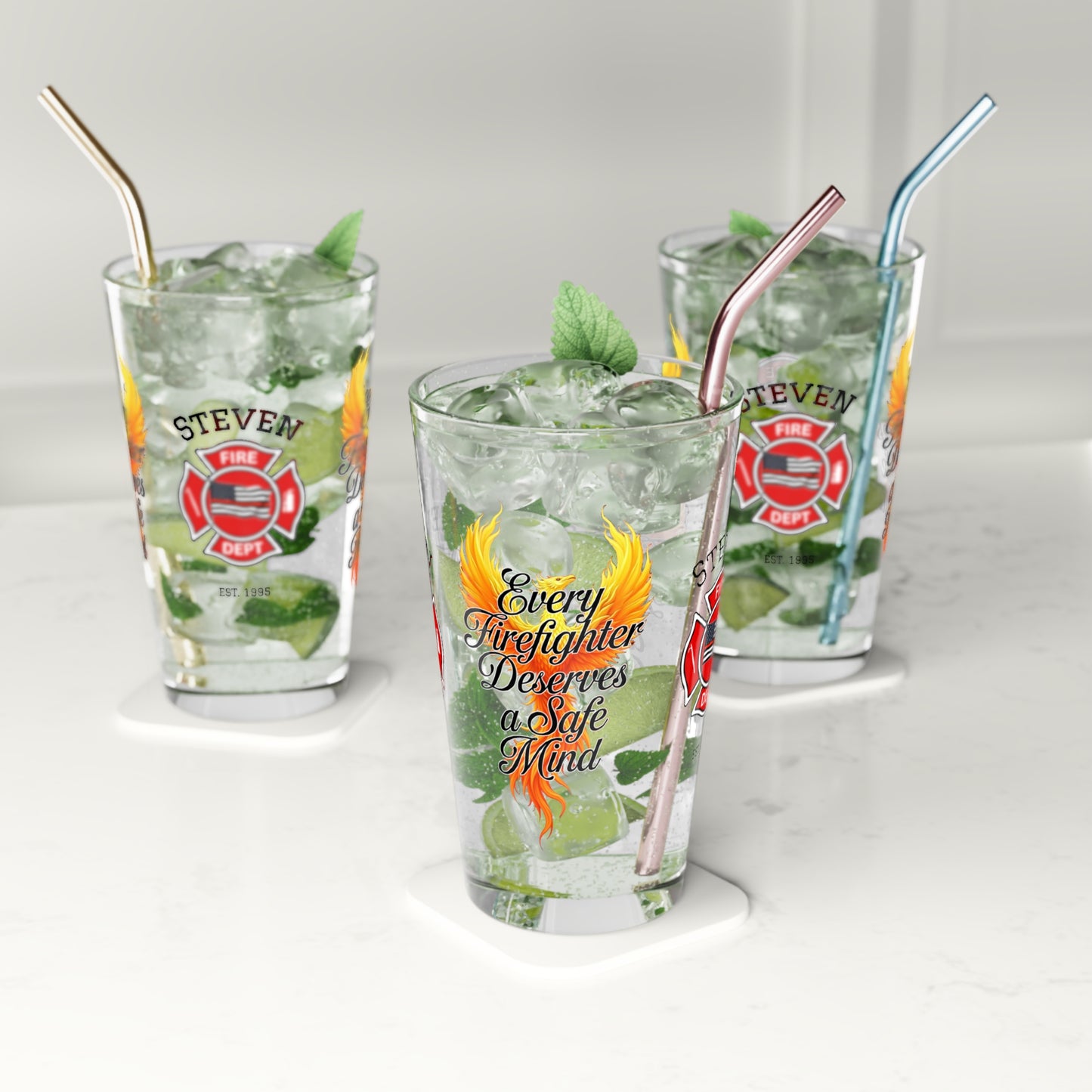 Every Firefighter Deserves a Safe Mind pint glass - personalized gift promoting mental health awareness in the fire service