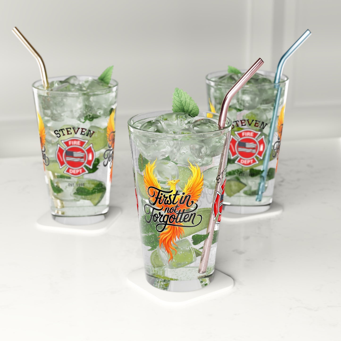 First In, Not Forgotten firefighter pint glass - custom tribute to emotional strength, legacy, and mental well-being