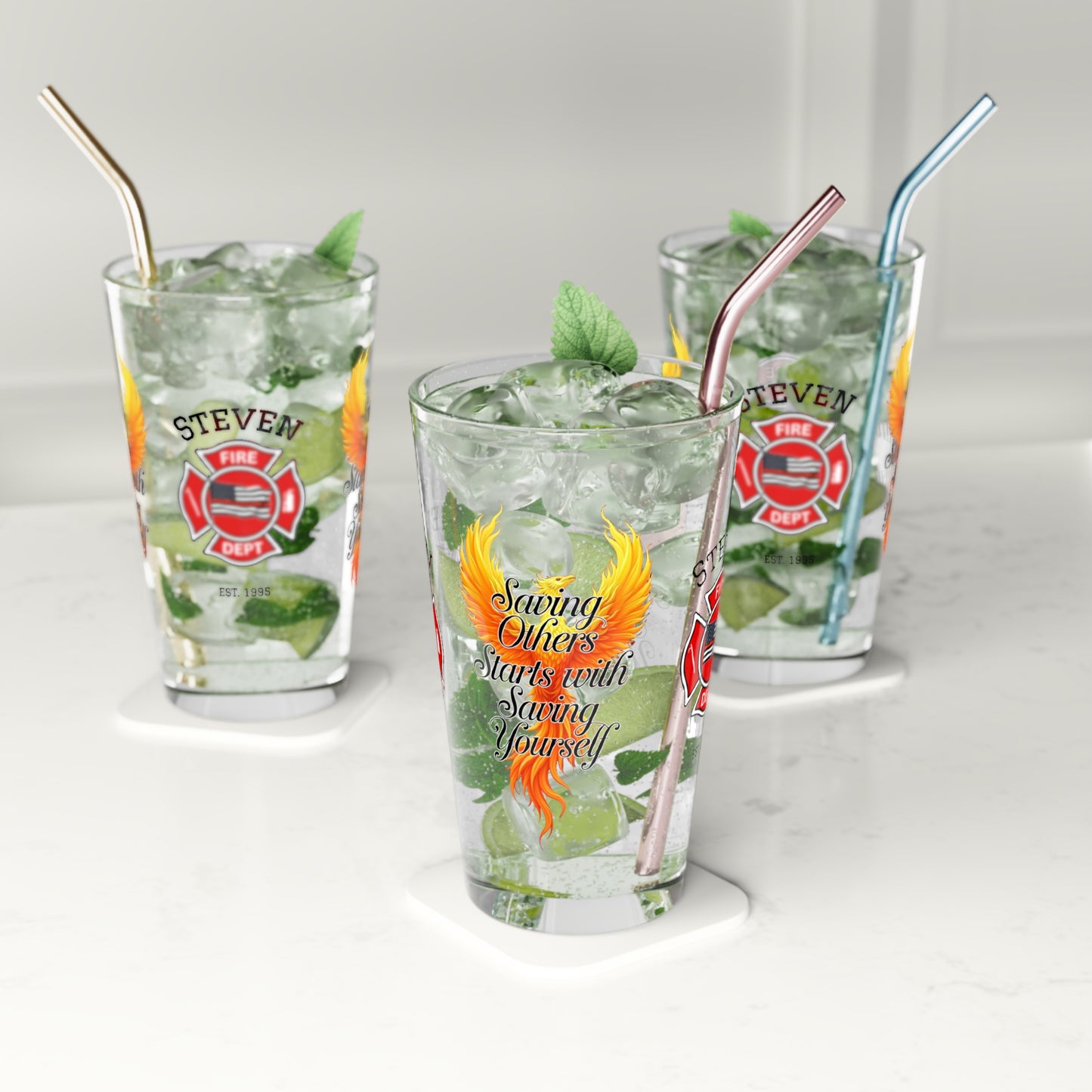 Saving Others Starts With You pint glass - firefighter support gift for self-care, wellness, and awareness
