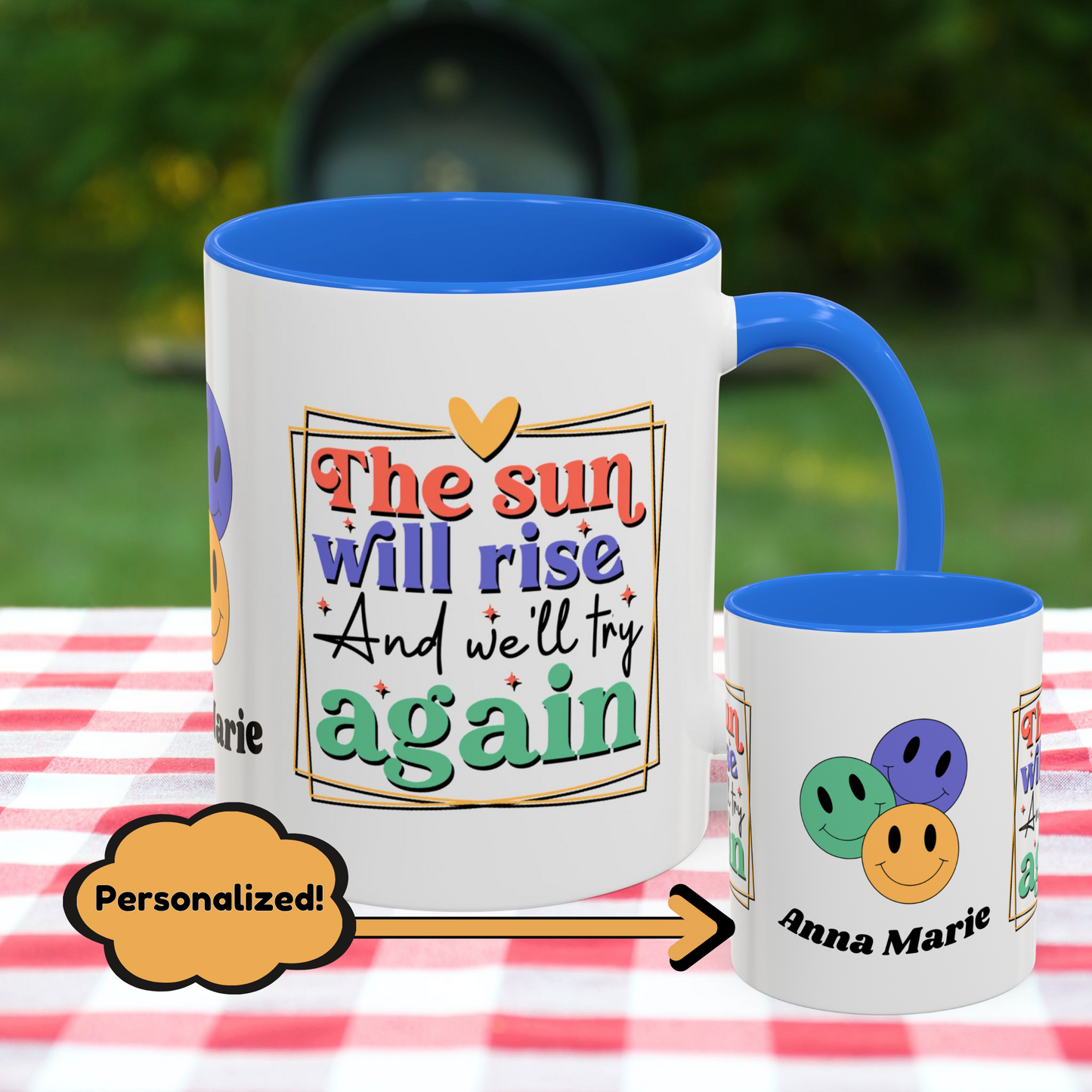 The Sun Will Rise and We’ll Try Again - Personalized Retro Hopeful Mental Health Mug for Strength & Resilience