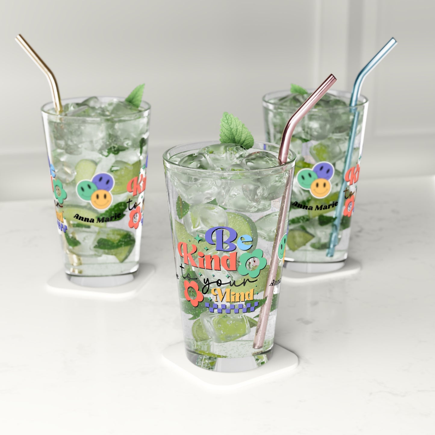 Be Kind to Your Mind retro quote pint glass with clear personalized mental health glass
