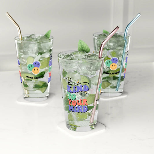 Shop our premium be kind to your mind retro pint glass 16oz 2 from MySisterIsASurvivor.