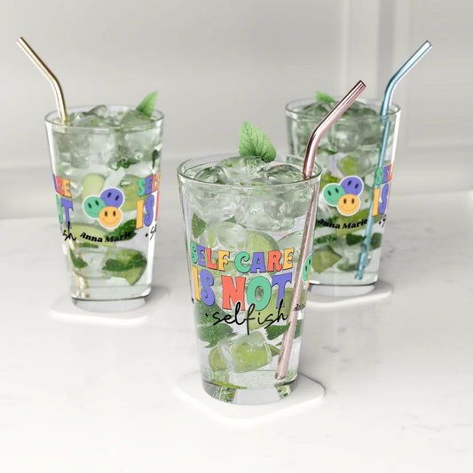 Shop our premium self care is not selfish retro pint glass 16oz 1 from MySisterIsASurvivor.