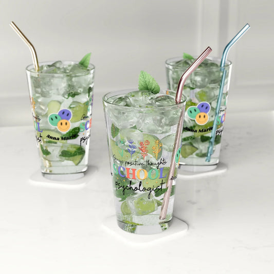 Shop our premium grow positive thoughts school psychologist retro pint glass 16oz from MySisterIsASurvivor.