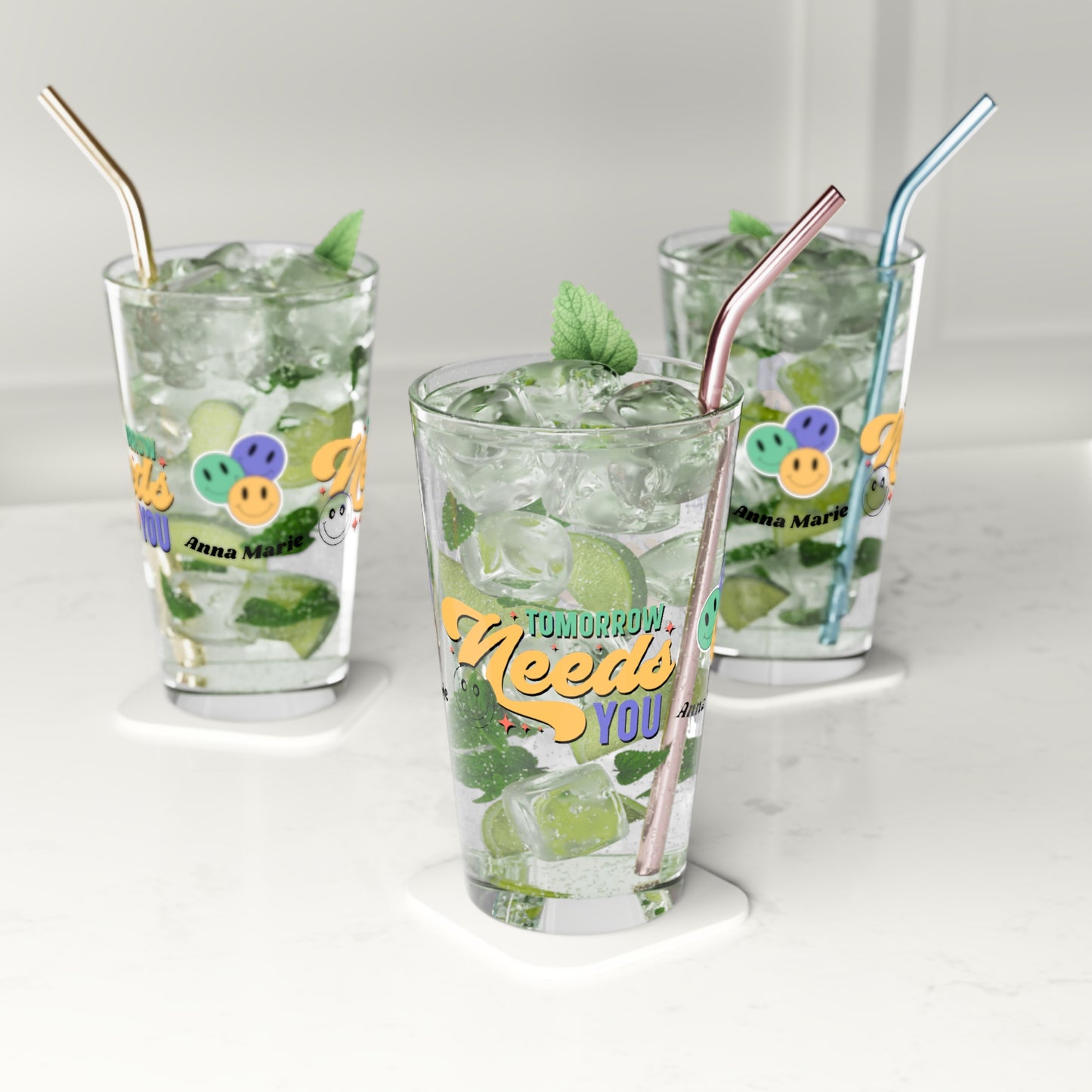 Tomorrow Needs You retro mental health pint glass with clear personalized design