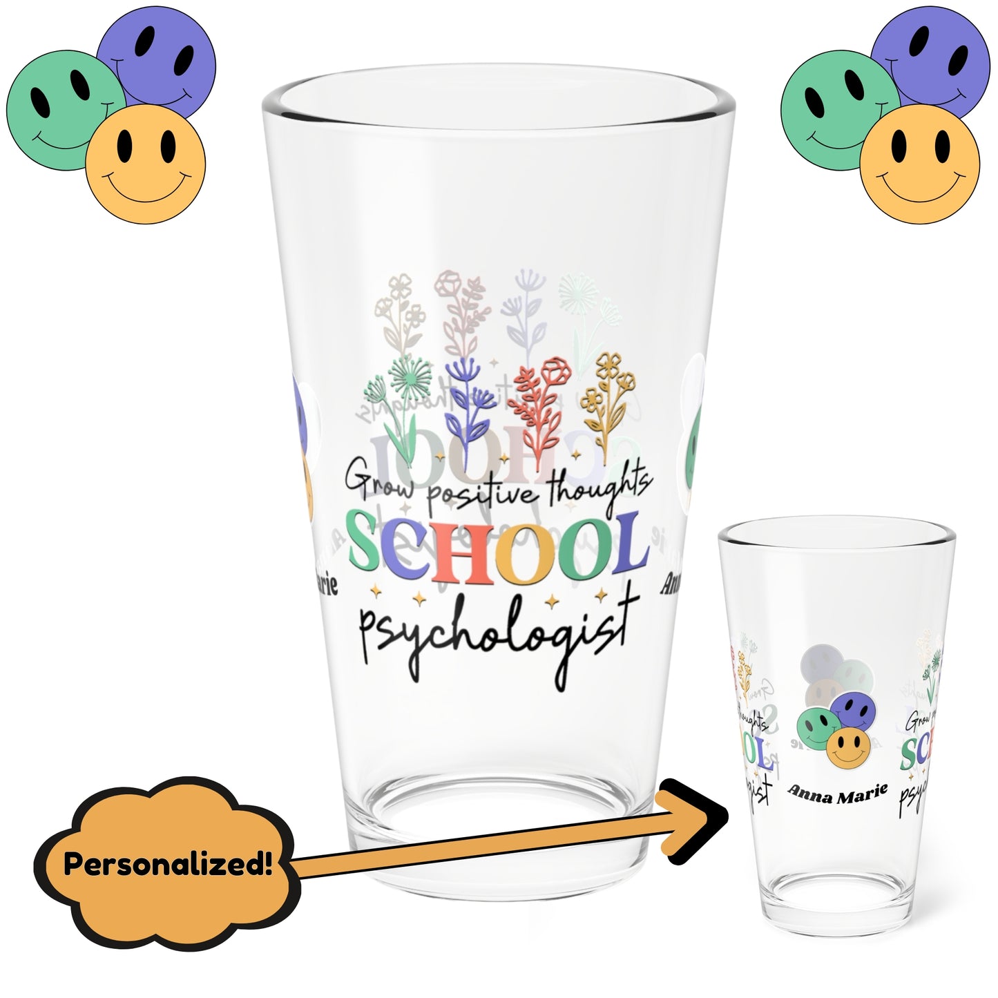Grow Positive Thoughts pint glass for school psychologists with retro design