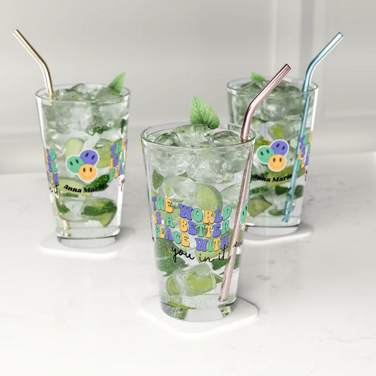 Shop our premium the world is a better place with you in it retro pint glass 16oz from MySisterIsASurvivor.