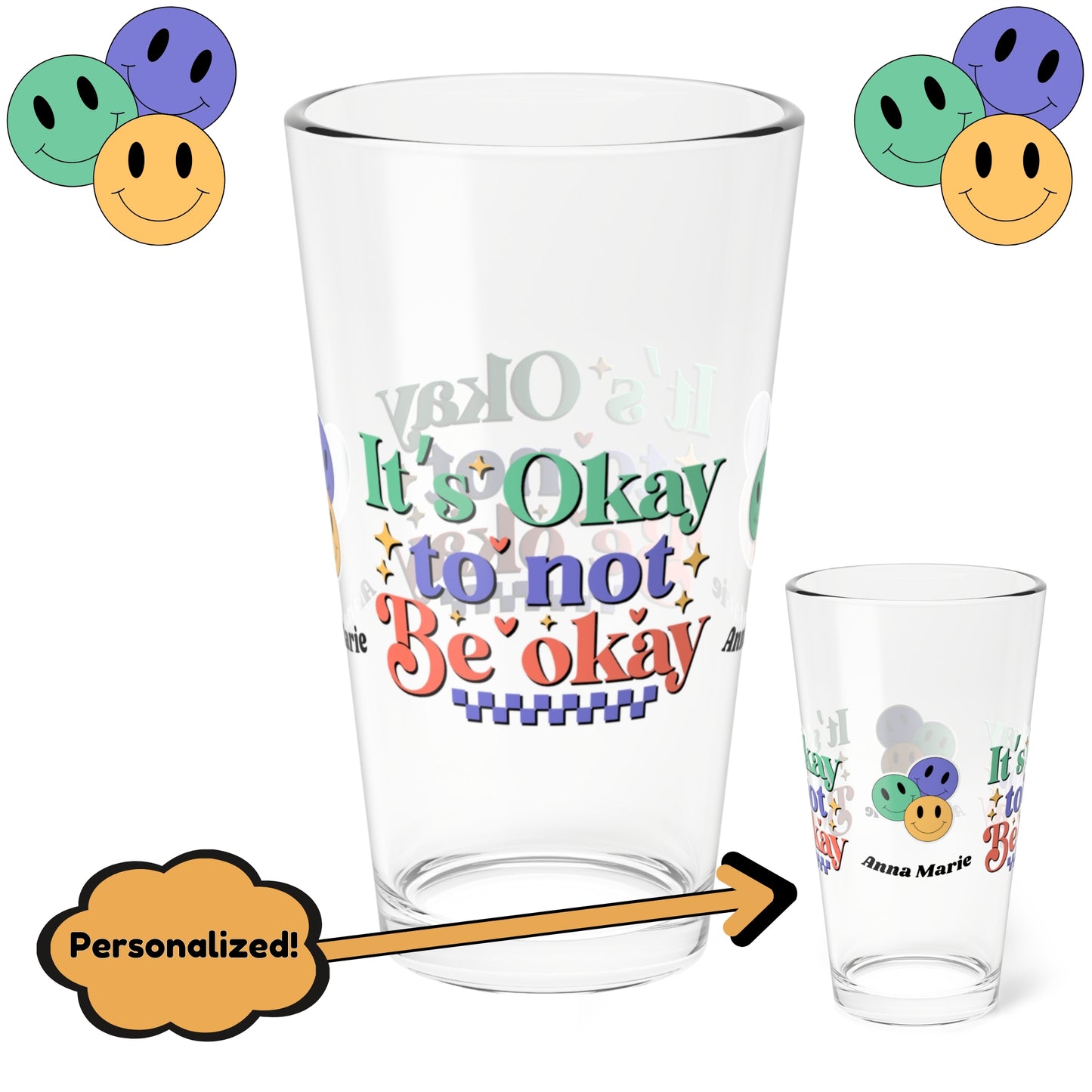 It’s Okay to Not Be Okay retro mental health pint glass with personalized support message