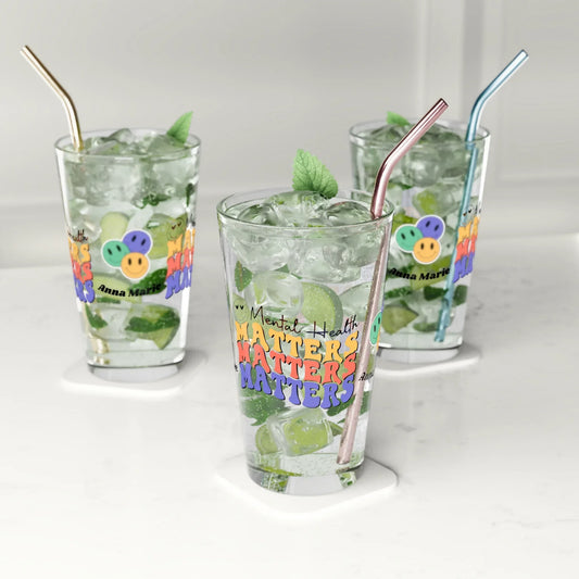 Shop our premium mental health matters retro pint glass 16oz 1 from MySisterIsASurvivor.