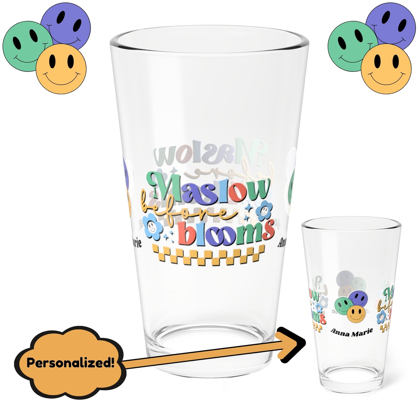 Maslow Before Blooms retro mental health support glass with personalized drinkware