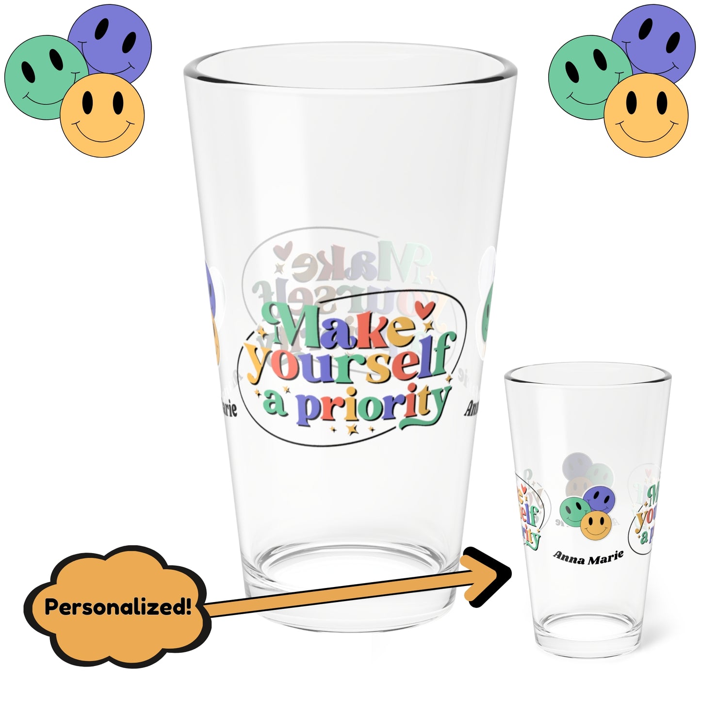Make Yourself a Priority retro mental health pint glass with custom clear glass design