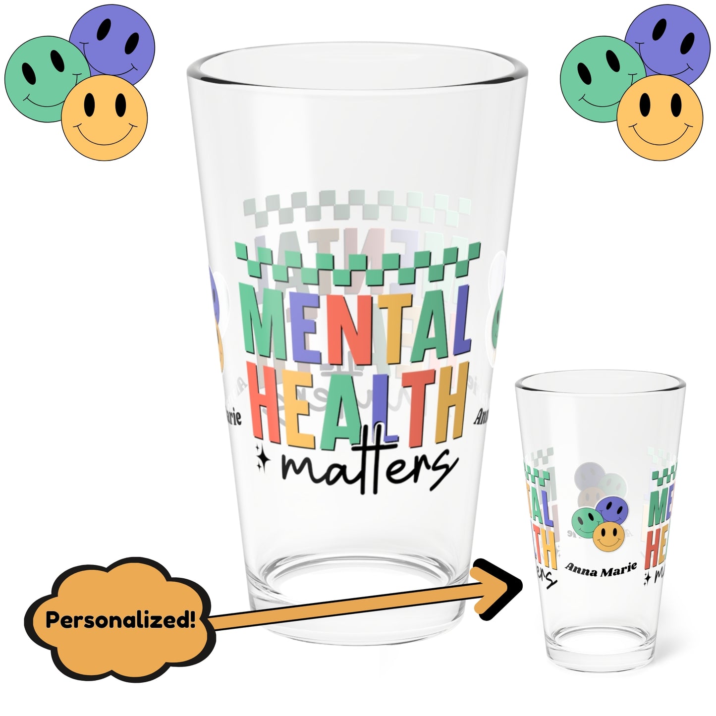 Mental Health Matters custom retro pint glass with mental health support design