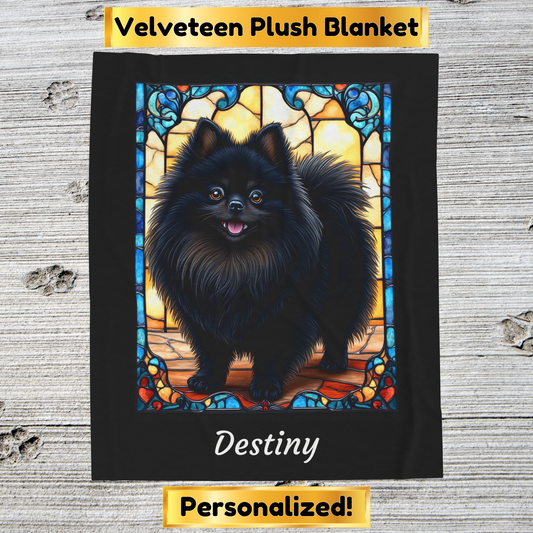 Pomeranian Black Coat Blanket, Velveteen Plush Stained Glass Dog Throw, Custom Gift for Humans
