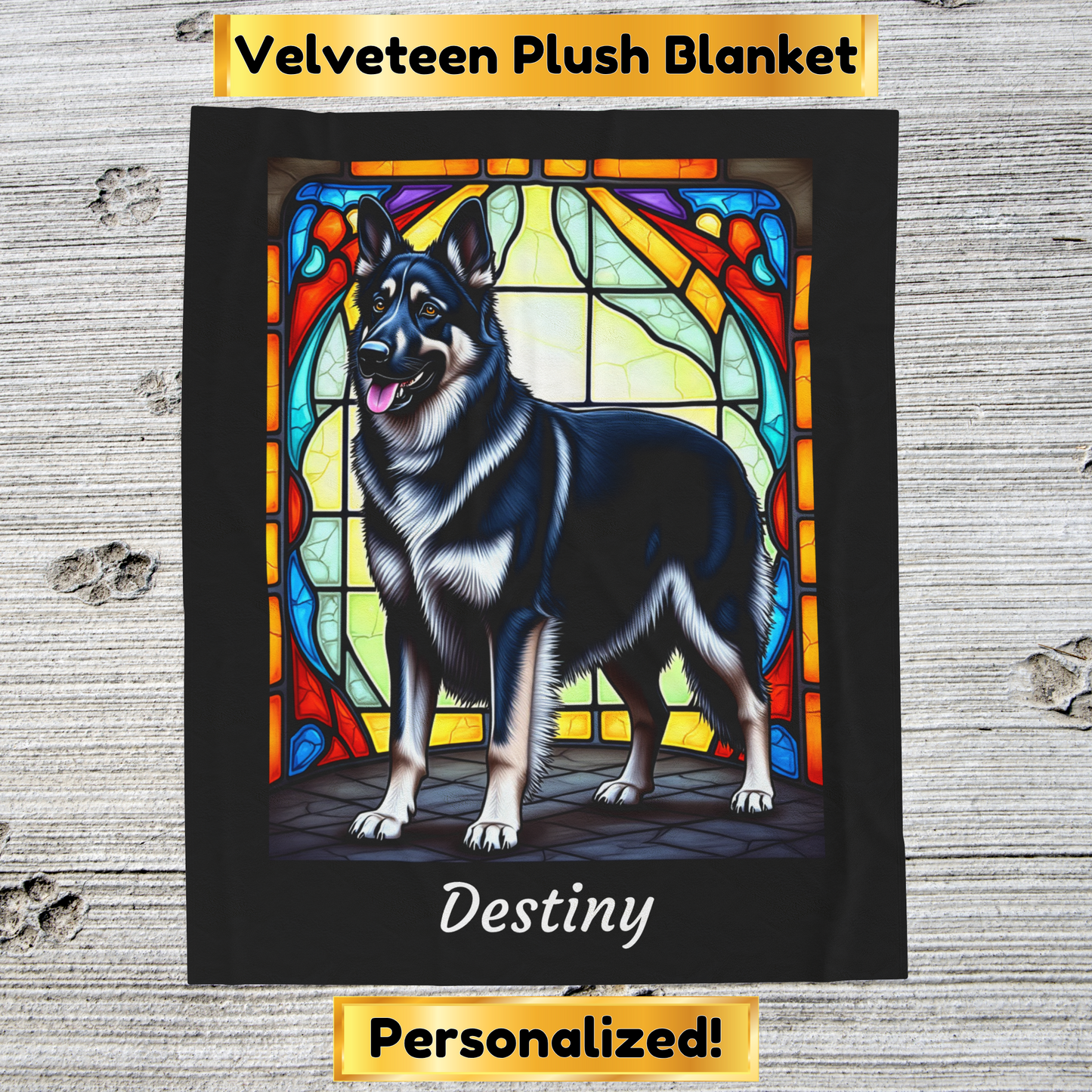 German Shepherd Black & Silver - Velveteen Plush Stained Glass Dog Blanket - Custom Dog Blanket, German Shepherd Gift