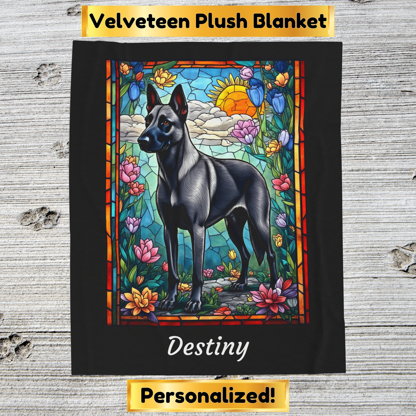 Belgian Malinois Gray - Velveteen Plush Stained Glass Dog Blanket - Custom Malinois Pet Blanket, Dog Lover Throw
