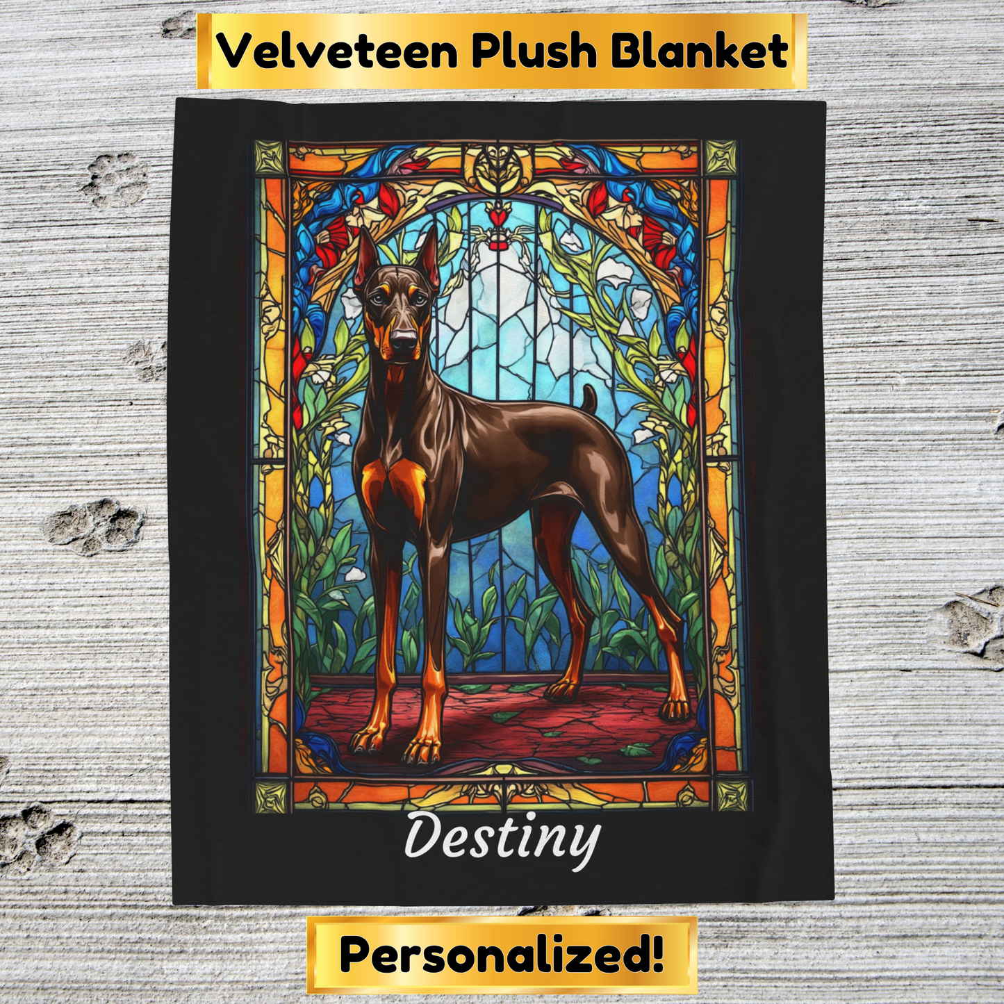 Doberman red and rust velveteen blanket, stained glass dog throw, personalized pet lover gift - MySisterIsASurvivor