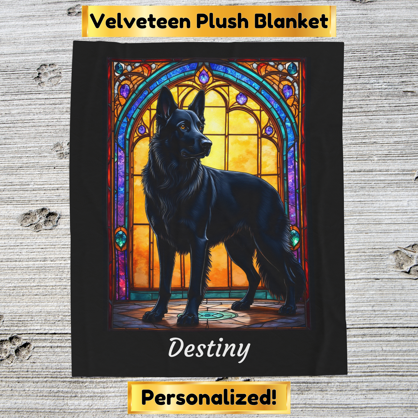 German Shepherd Black Coat Blanket, Stained Glass Dog Art Throw, Unique Gift for Humans