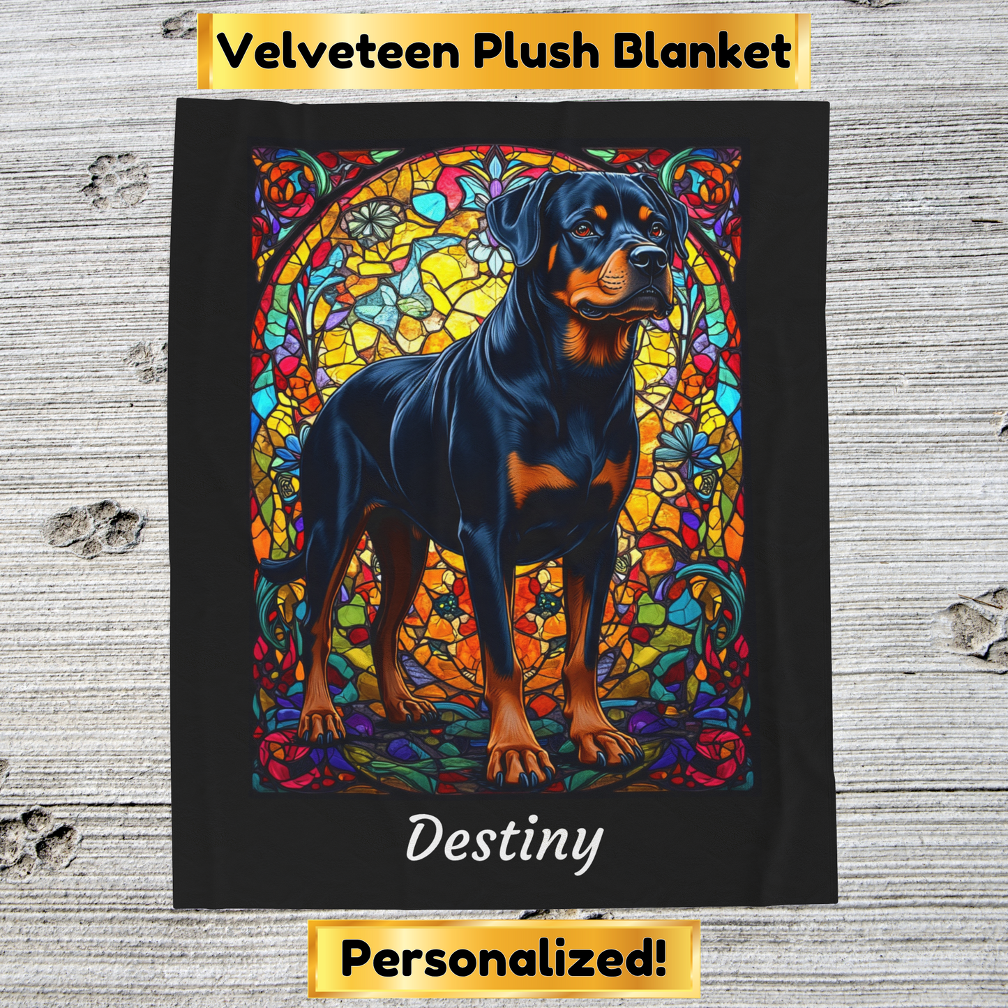 Rottweiler Black & Rust Coat Blanket, Velveteen Plush Stained Glass Dog Throw, Custom Pet Lover Gift