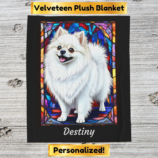Pomeranian White Coat Blanket, Velveteen Plush Stained Glass Dog Throw, Custom Pet Lover Gift