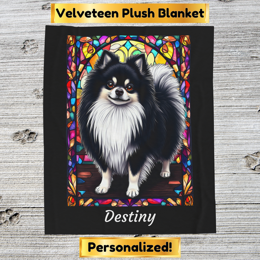 Pomeranian Black & White Coat Blanket, Velveteen Plush Stained Glass Dog Throw, Pet Lover Gift
