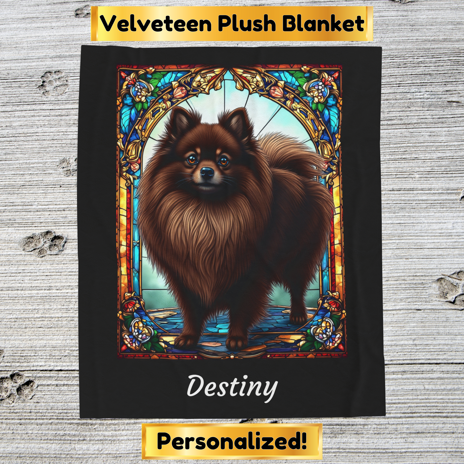 Pomeranian Chocolate Coat Blanket, Velveteen Plush Stained Glass Dog Art Throw, Custom Gift for Humans