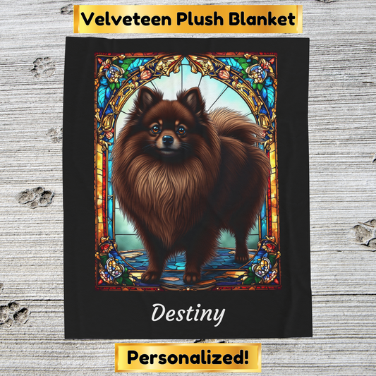 Pomeranian Chocolate Coat Blanket, Velveteen Plush Stained Glass Dog Art Throw, Custom Gift for Humans