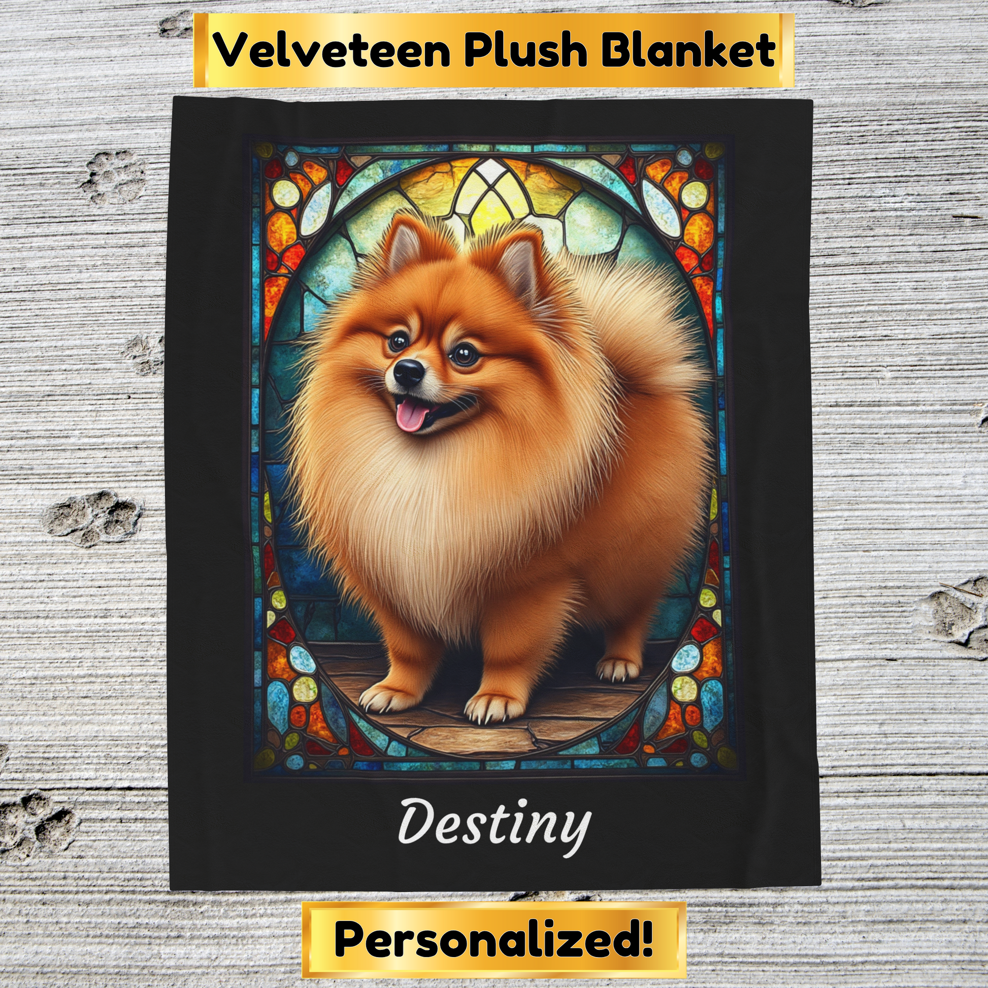 Pomeranian Red Sable Coat Blanket, Velveteen Plush Stained Glass Dog Throw, Personalized Gift for Humans