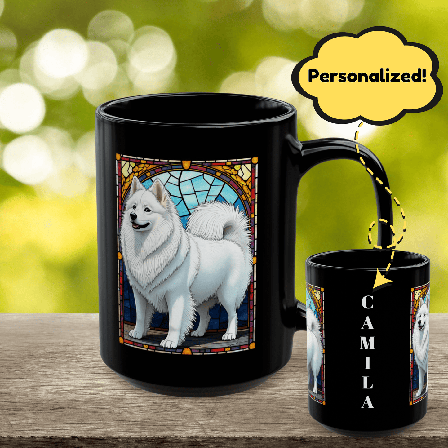 American Eskimo personalized mug, stained glass coffee cup gift for dog lovers and pet parents