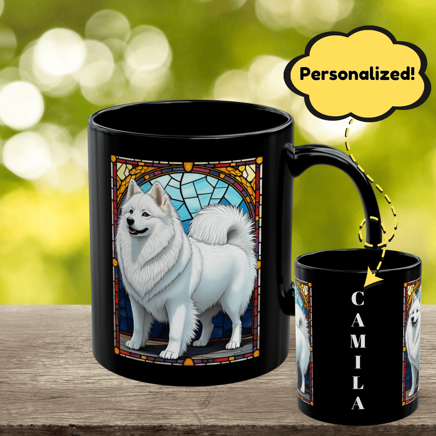 American Eskimo personalized mug, stained glass coffee cup gift for dog lovers and pet parents