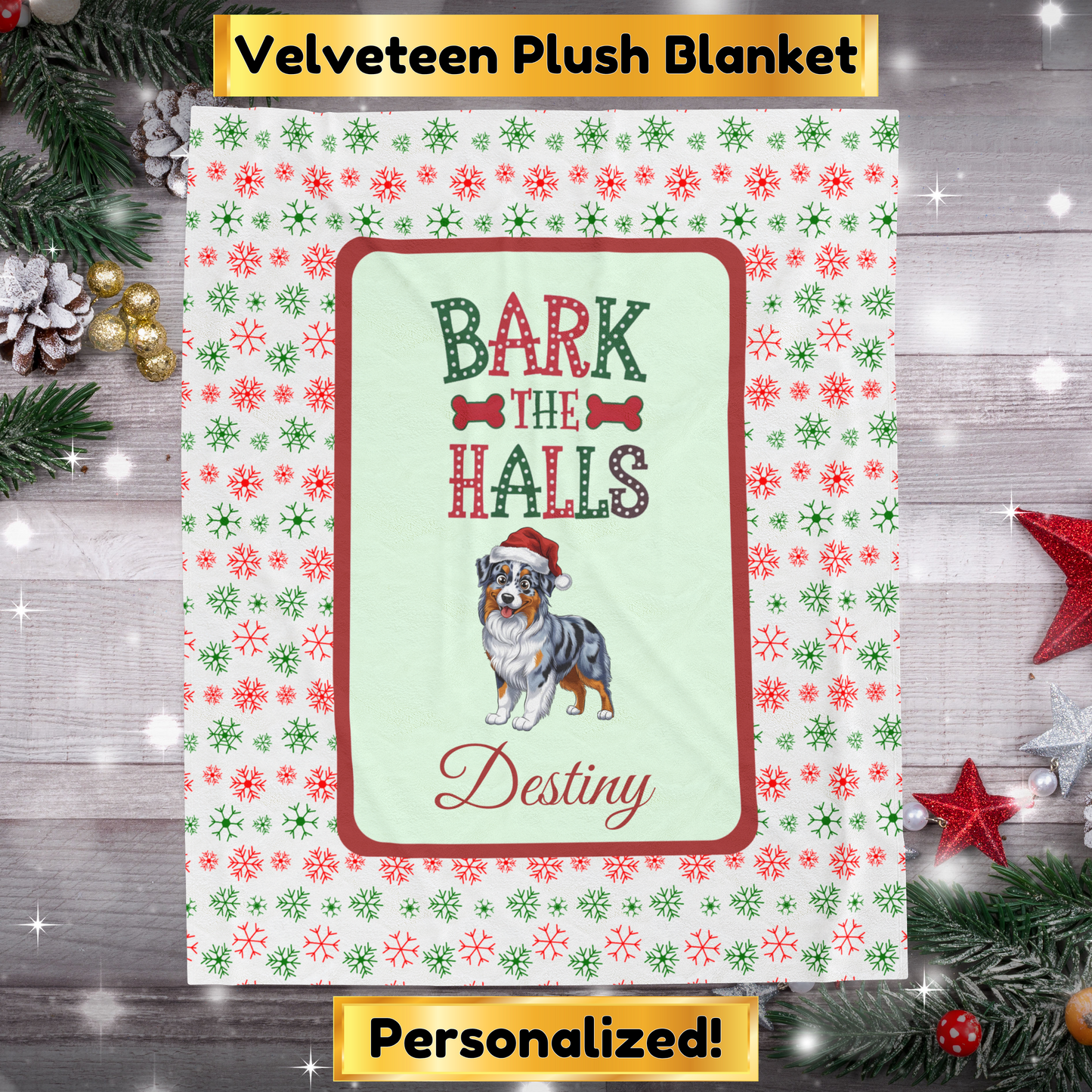 Australian Shepherd (Blue Merle) Personalized Velveteen Plush Blanket - "Bark The Halls" | Cozy Holiday Gift for Dog Lovers