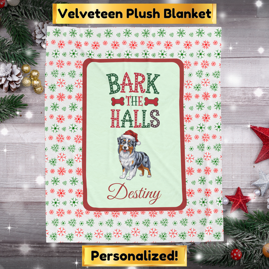 Australian Shepherd Blue Merle custom velveteen blanket Bark The Halls holiday dog lover gift cozy Christmas throw