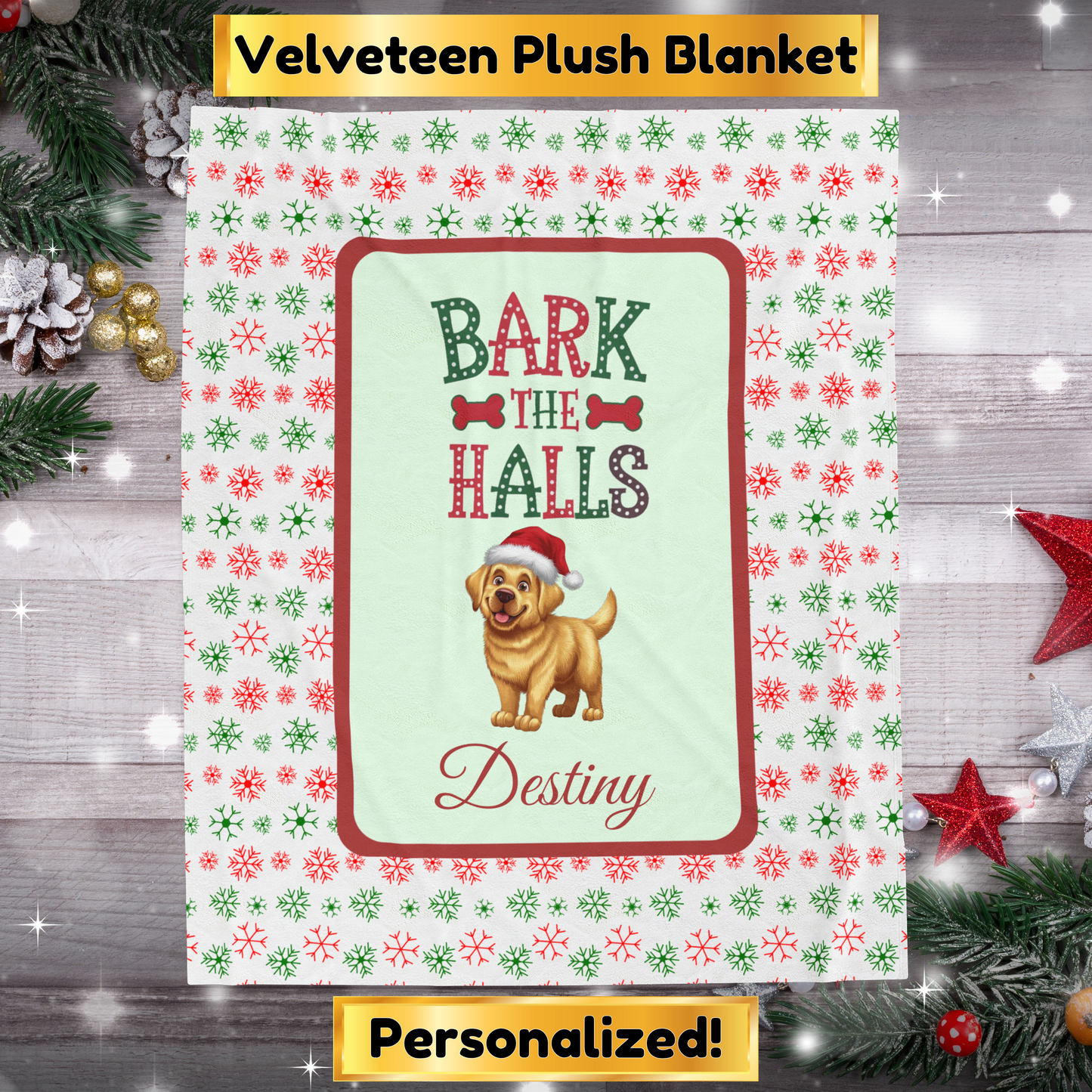 Labrador Retriever (Yellow) Personalized Velveteen Plush Blanket - "Bark The Halls" | Cozy Holiday Gift for Dog Lovers