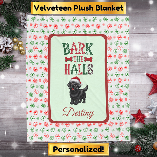 Labrador Retriever Black personalized velveteen Christmas throw Bark The Halls festive holiday dog blanket
