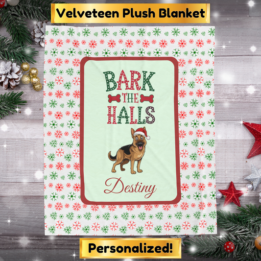 German Shepherd velveteen blanket Bark The Halls holiday gift for dog lovers and cozy Christmas throw