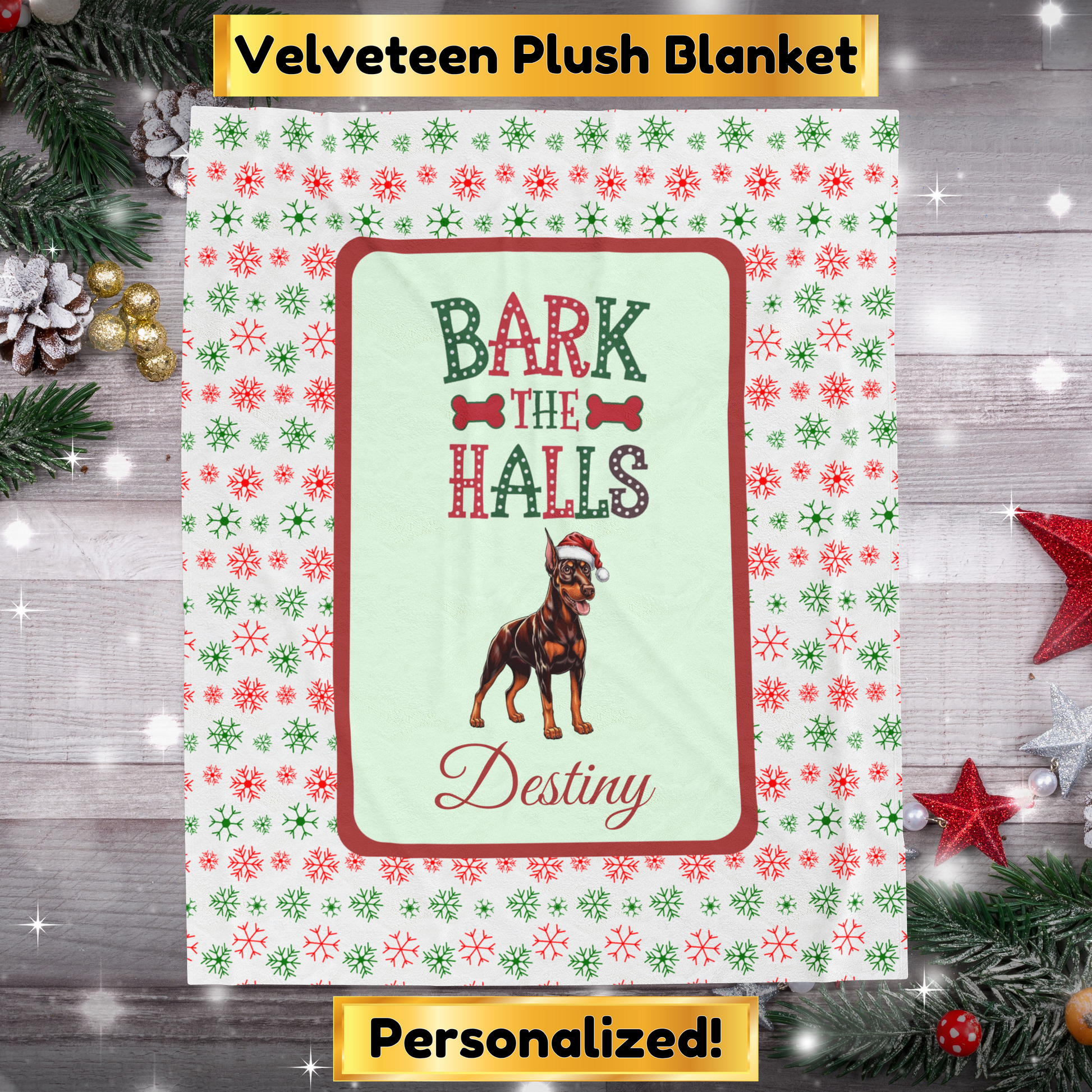 Doberman Pinscher Red and Rust luxury velveteen dog lover throw Bark The Halls festive holiday blanket for Doberman owners