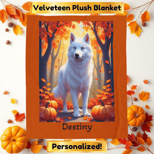 Siberian Husky White Coat (Blue Eyes) Velveteen Plush Blanket, Personalized Dog Throw