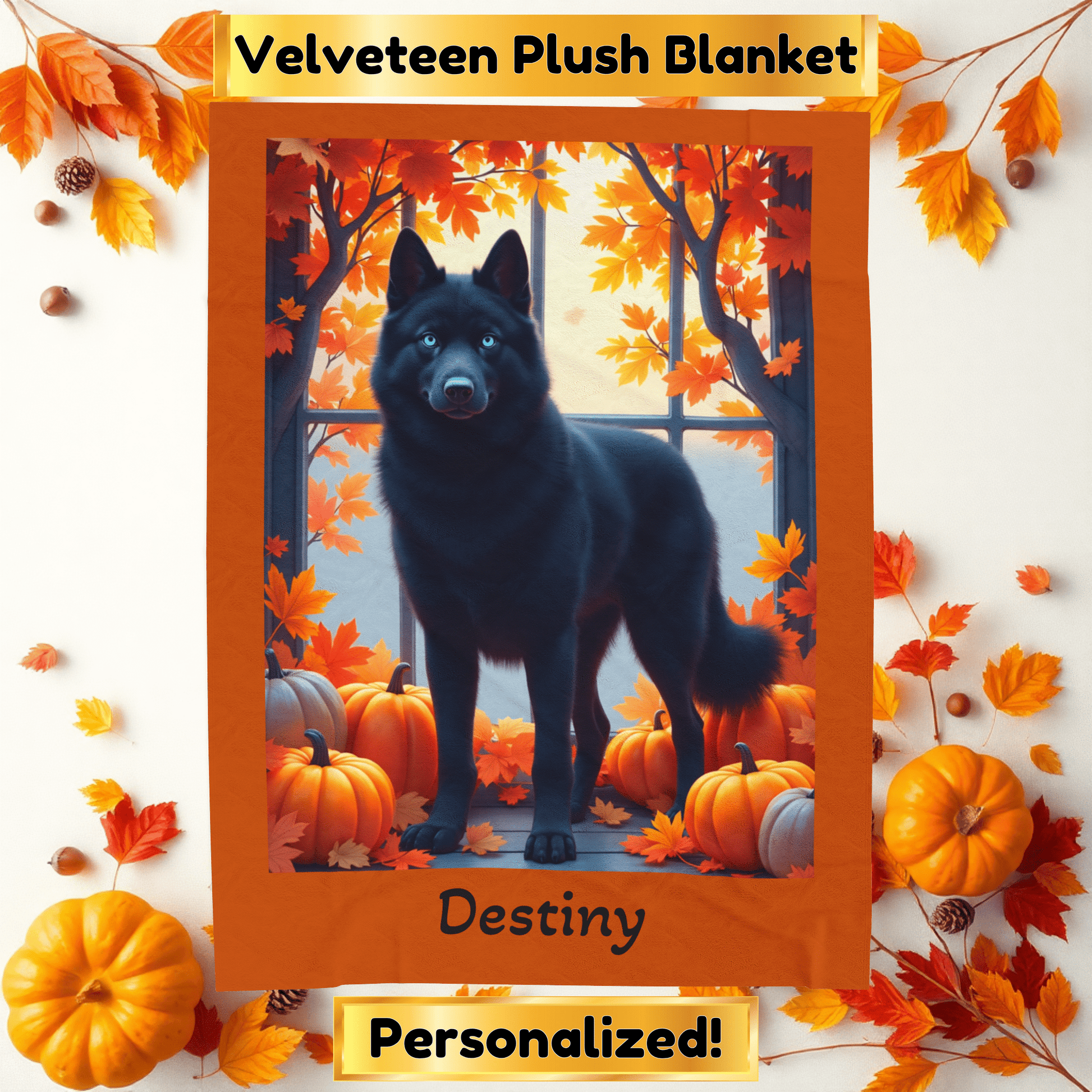 Siberian Husky Black Coat (Blue Eyes) Velveteen Blanket, Custom Dog Lover Plush Throw