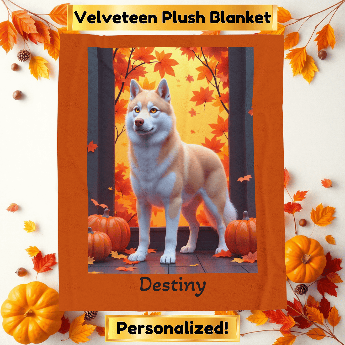Siberian Husky Light Red Coat (Amber Eyes) Velveteen Plush Blanket, Custom Dog Throw