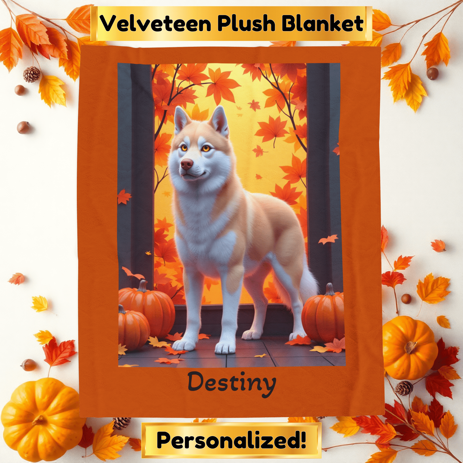 Siberian Husky Light Red Coat (Amber Eyes) Velveteen Plush Blanket, Custom Dog Throw