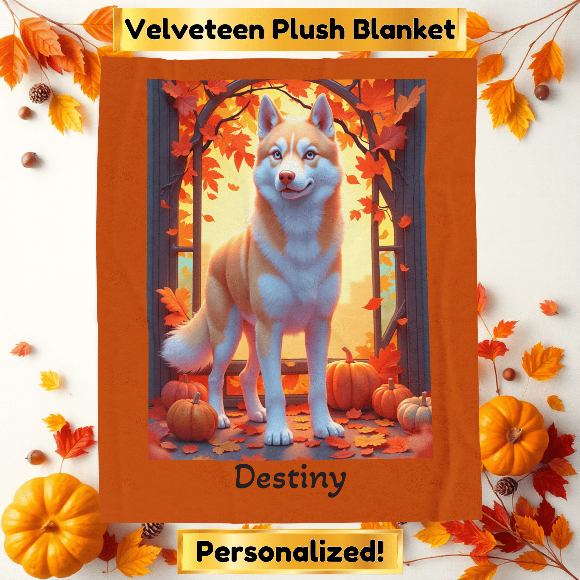 Siberian Husky Light Red Coat (Blue Eyes) Velveteen Plush Blanket, Personalized Dog Throw