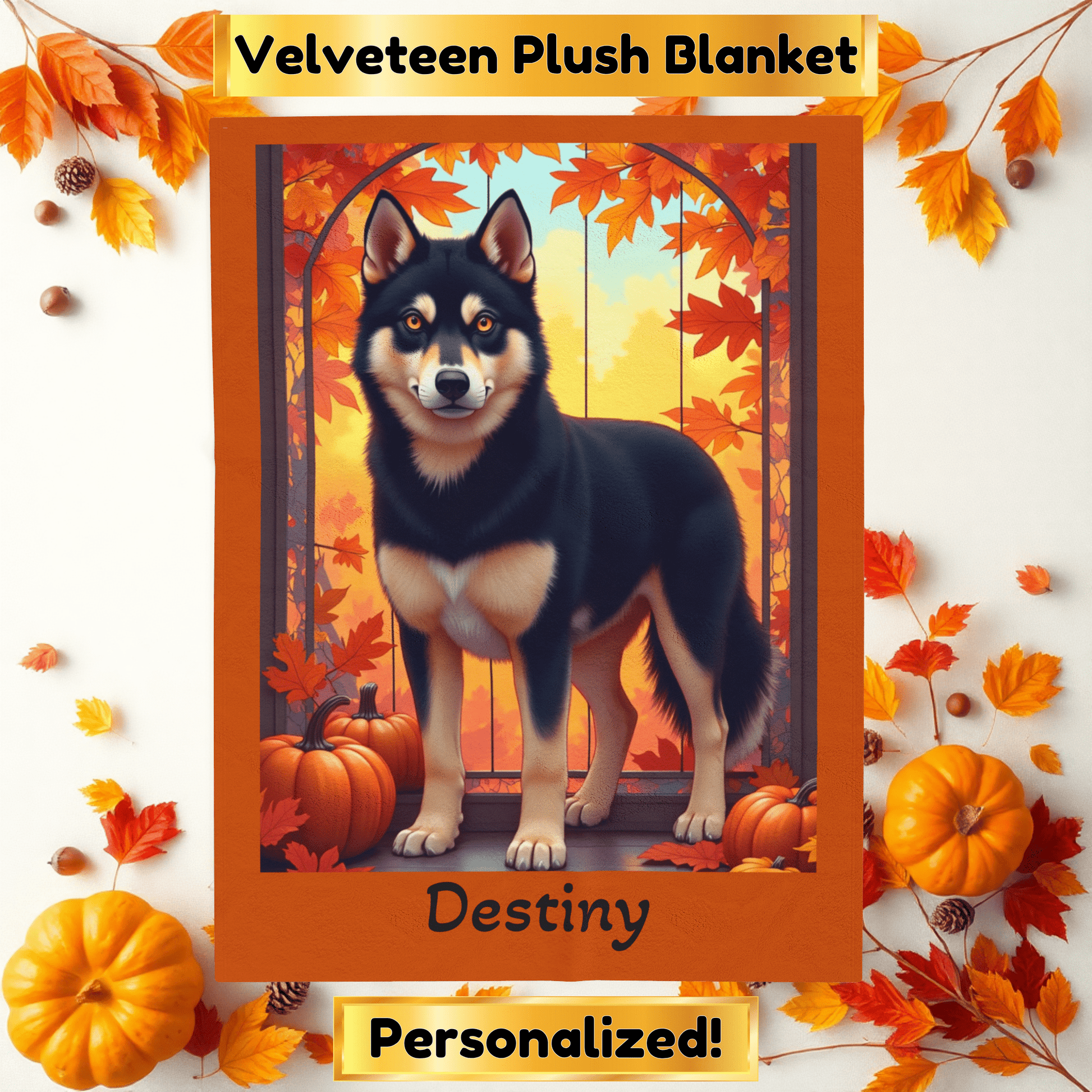 Siberian Husky Black & Tan Coat (Amber Eyes) Velveteen Blanket, Custom Plush Dog Throw