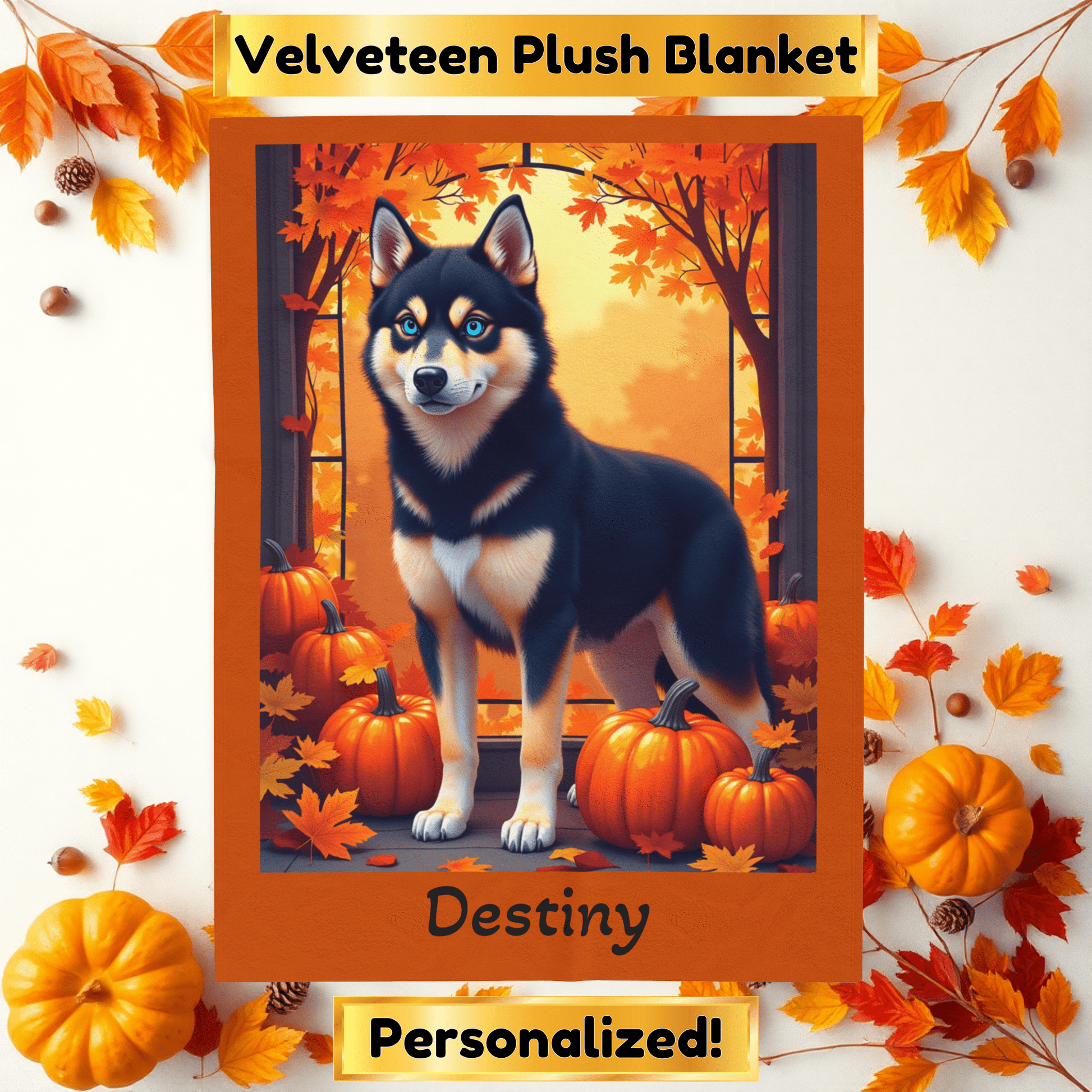 Siberian Husky Black & Tan Coat (Blue Eyes) Velveteen Blanket, Personalized Plush Dog Throw