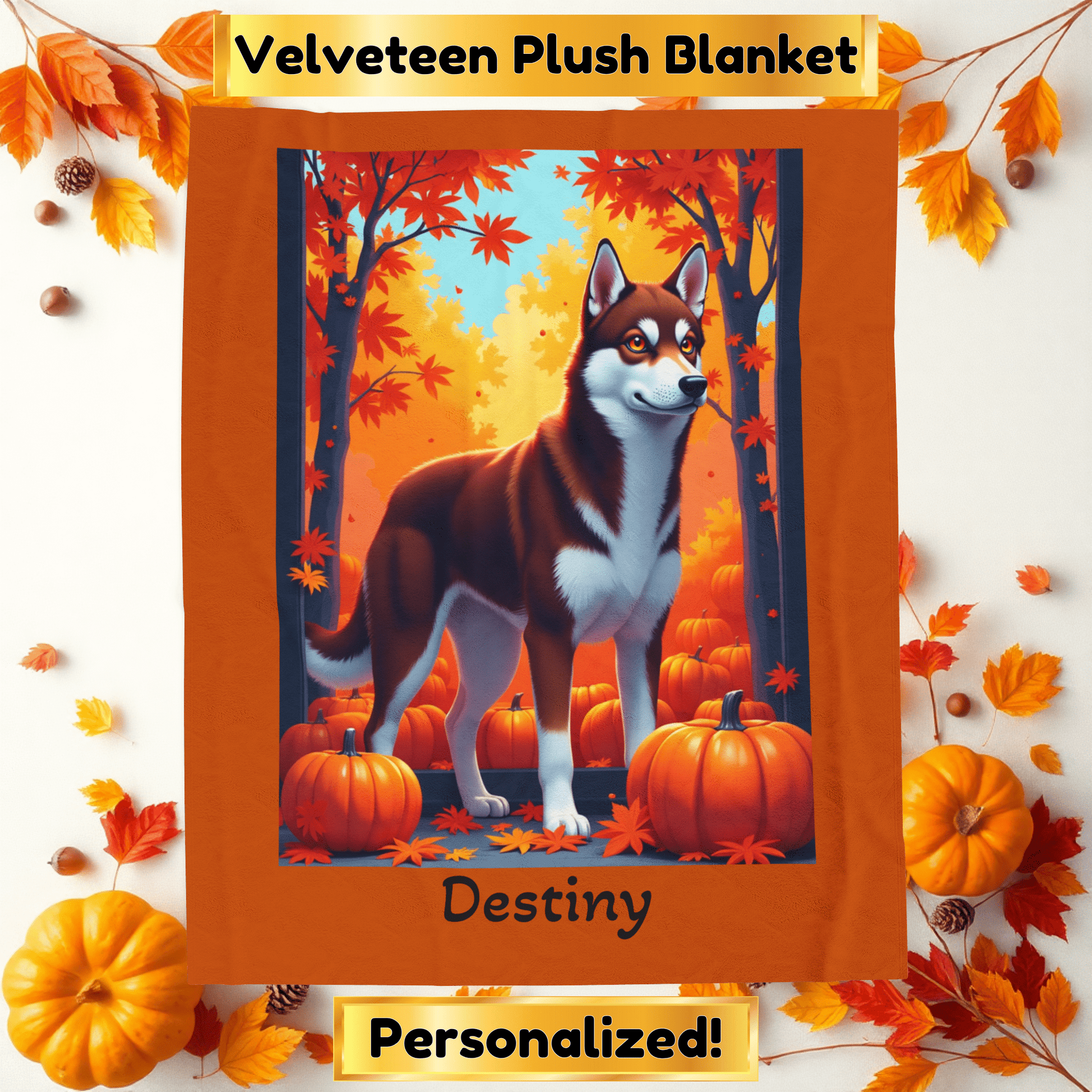 Siberian Husky Dark Red & White Coat (Amber Eyes) Velveteen Plush Blanket, Custom Dog Throw