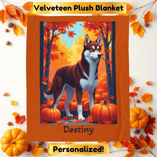 Siberian Husky Dark Red & White Coat (Amber Eyes) Velveteen Plush Blanket, Custom Dog Throw