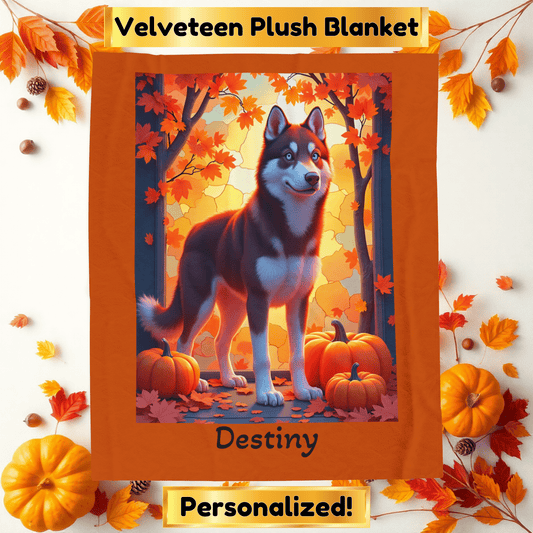 Siberian Husky Dark Red Coat (Blue Eyes) Velveteen Plush Blanket, Personalized Dog Throw
