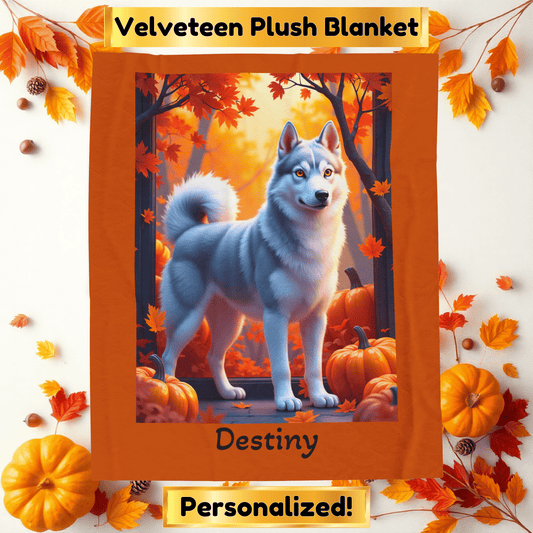 Siberian Husky Silver & Grey Coat (Amber Eyes) Velveteen Plush Blanket, Custom Dog Throw