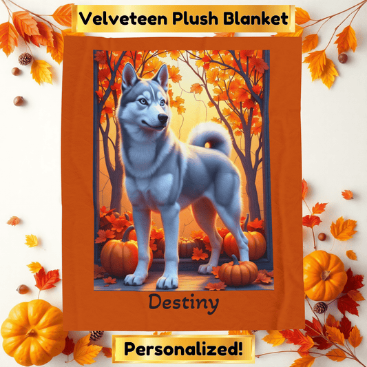 Siberian Husky Silver & Grey Coat (Blue Eyes) Velveteen Plush Blanket, Personalized Dog Throw
