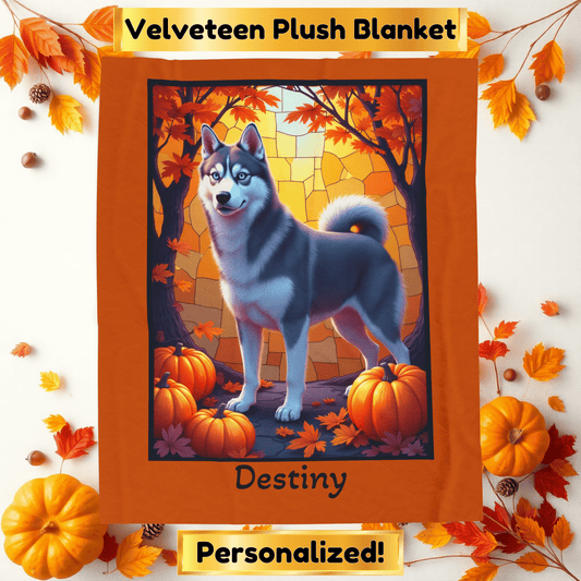 Siberian Husky Dark Grey Coat (Blue Eyes) Velveteen Plush Blanket, Personalized Dog Throw