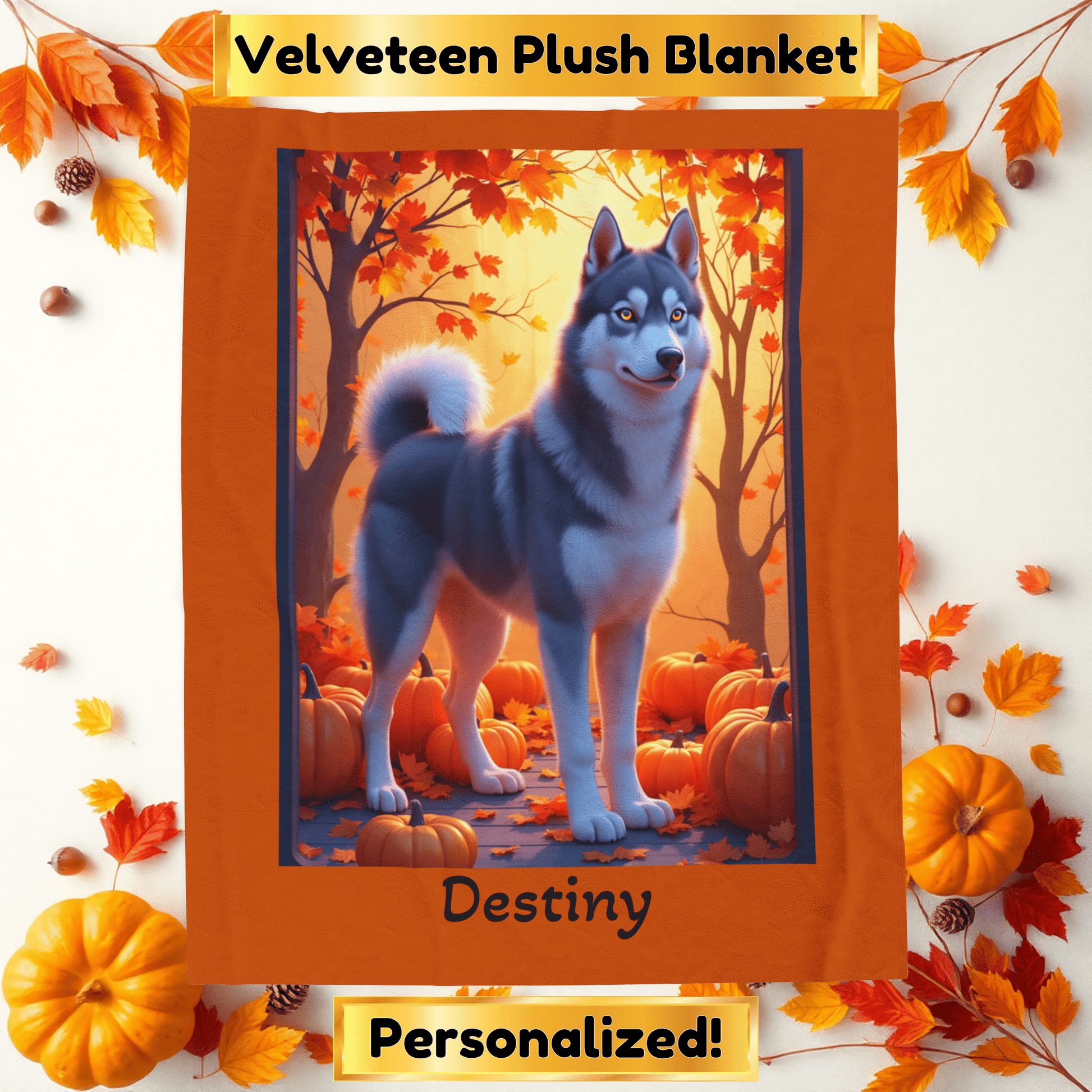 Siberian Husky Dark Grey Coat (Amber Eyes) Velveteen Plush Blanket, Custom Dog Throw